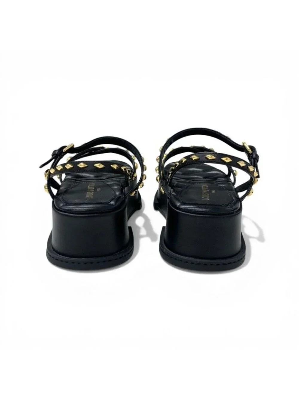 Louis Vuitton Maya Line Sandals Shoes Leather Black Gold LV Logo Studs Strap